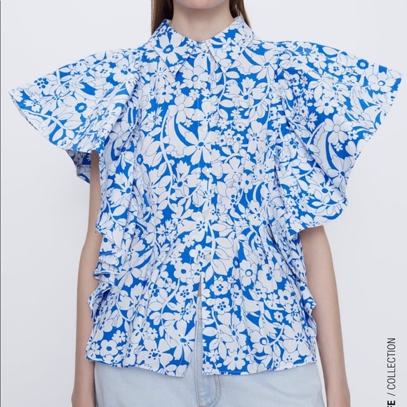 ZARA BNWT Blue/White Printed Poplin Cotton Top with Ruffled Sleeves Size M - Picture 3 of 9